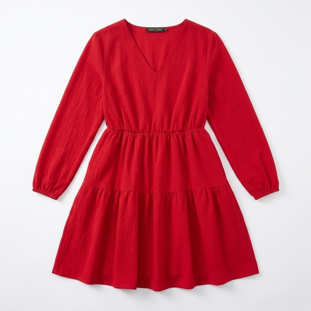 Fancyinn Mini Dress Women Small Cotton‎ Red V-Neck Long Sleeve Tiered Ruffle